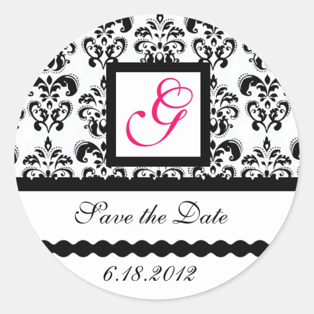 DAMASK MONOGRAM,pink fuchsia Classic Round Sticker (Front)