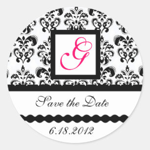 DAMASK MONOGRAM,pink fuchsia Classic Round Sticker