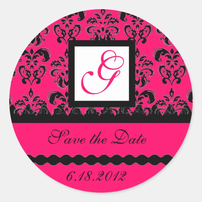 DAMASK MONOGRAM,pink fuchsia Classic Round Sticker (Front)