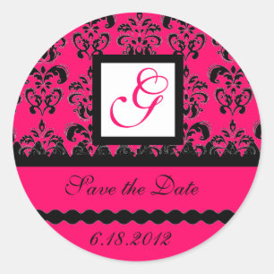 DAMASK MONOGRAM,pink fuchsia Classic Round Sticker