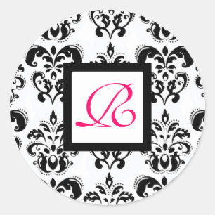  DAMASK MONOGRAM,pink fuchsia Classic Round Sticker