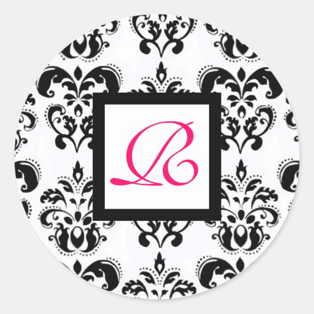  DAMASK MONOGRAM,pink fuchsia Classic Round Sticker (Front)