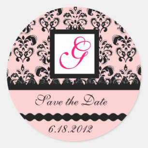 DAMASK MONOGRAM,pink fuchsia Classic Round Sticker