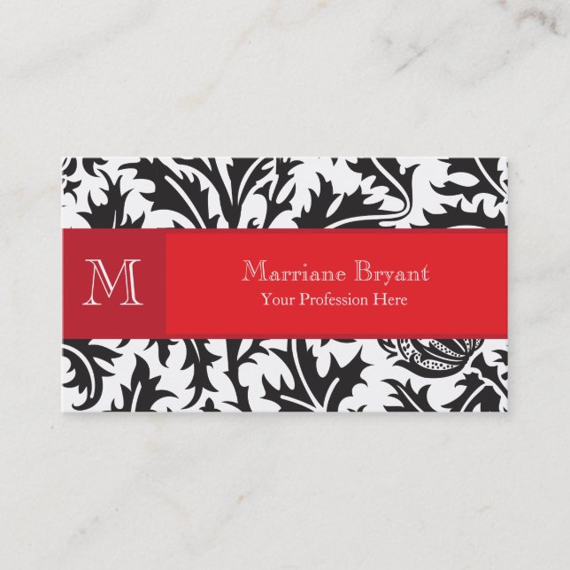 Damask Monogram Red Business Card (Front)