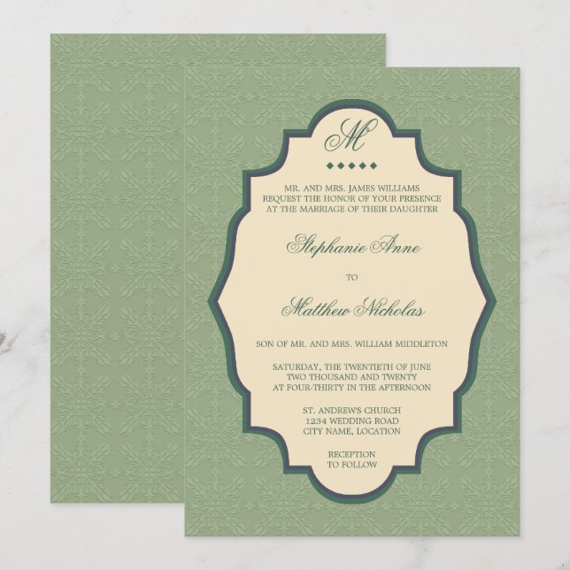 Damask Monogram Sage Green Wedding Invitation (Front/Back)