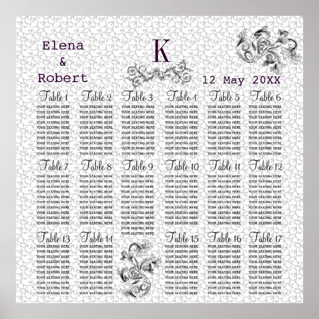 Damask Monogram Seating Chart Print (Front)