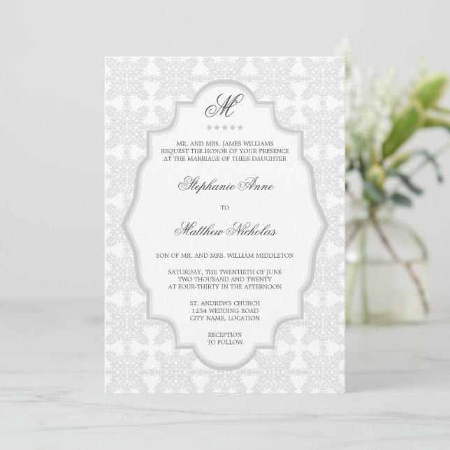 Damask Monogram Silver Grey Wedding Invitation (Standing Front)