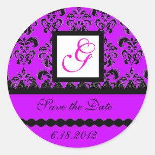 DAMASK MONOGRAM, violet fuchsia purple Classic Round Sticker