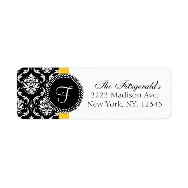 Damask Monogram Wedding Address Labels Yellow (Front)
