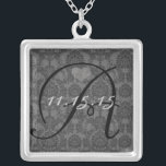 Damask Monogram Wedding Date Anniversary Necklace<br><div class="desc">Wedding Keepsake Wedding Party Necklaces - to change background colour - click customise - click edit - choose last tool in drop down menu and choose from one of the colours shown or enter your rgb hex code for your custom wedding colour- to change font colour select the text you...</div>