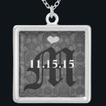 Damask Monogram Wedding Date Anniversary Necklace<br><div class="desc">Wedding Keepsake Wedding Party Necklaces - to change background colour - click customise - click edit - choose last tool in drop down menu and choose from one of the colours shown or enter your rgb hex code for your custom wedding colour- to change font colour select the text you...</div>