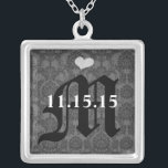 Damask Monogram Wedding Date Anniversary Necklace<br><div class="desc">Wedding Keepsake Wedding Party Necklaces - to change background colour - click customise - click edit - choose last tool in drop down menu and choose from one of the colours shown or enter your rgb hex code for your custom wedding colour- to change font colour select the text you...</div>