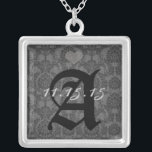 Damask Monogram Wedding Date Anniversary Necklace<br><div class="desc">Wedding Keepsake Wedding Party Necklaces - to change background colour - click customise - click edit - choose last tool in drop down menu and choose from one of the colours shown or enter your rgb hex code for your custom wedding colour- to change font colour select the text you...</div>