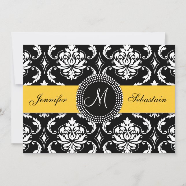Damask Monogram Wedding Invitations Yellow (Front)