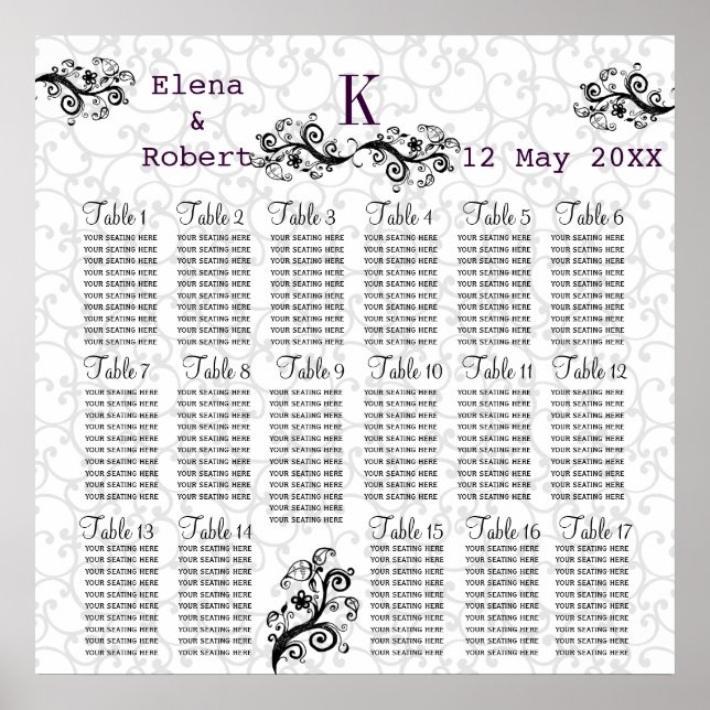 Damask Monogram Wedding Seating Chart (Front)