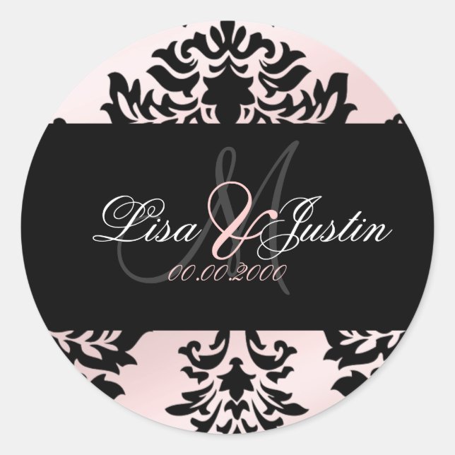 Damask monogram wedding stickers/DIY colour Classic Round Sticker (Front)