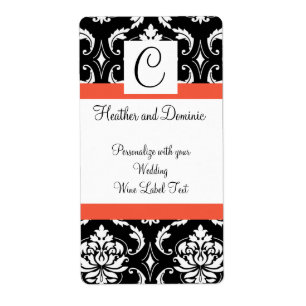 Damask Monogram Wedding Wine Label Papaya