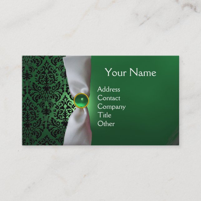 DAMASK MONOGRAM white ribbon black green Business Card (Front)