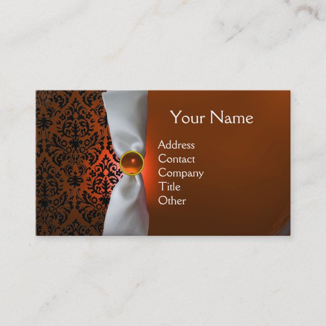DAMASK MONOGRAM white ribbon black orange Business Card (Front)