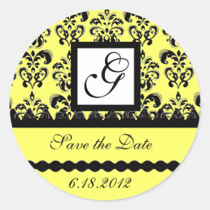DAMASK MONOGRAM yellow Classic Round Sticker