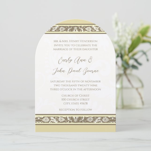 Damask Monogram Yellow Grey Wedding Invitation (Standing Front)