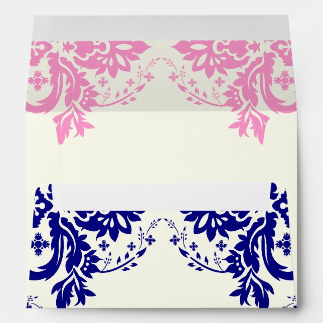 Damask motif navy blue, pink, ivory wedding envelopes (Back (Bottom))