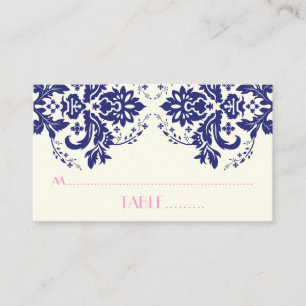 Damask motif navy blue, pink wedding place card