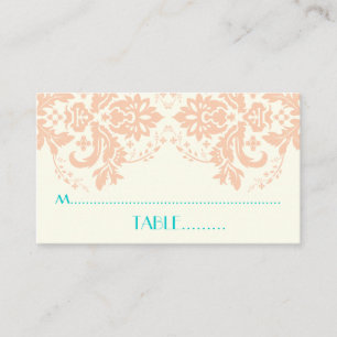 Damask motif peach, aqua, ivory wedding place card