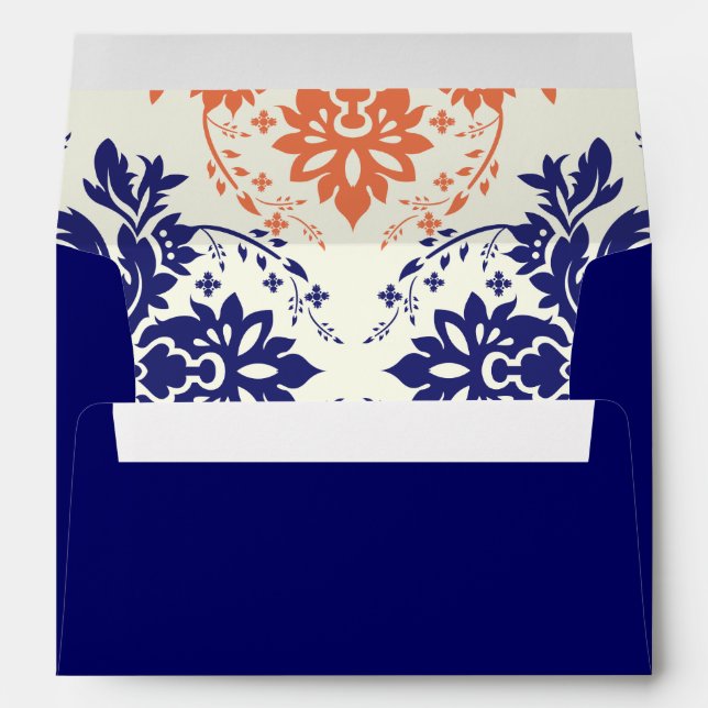 Damask navy blue and coral monogram wedding envelopes (Back (Bottom))