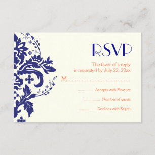 Damask navy blue, coral wedding RSVP reply card