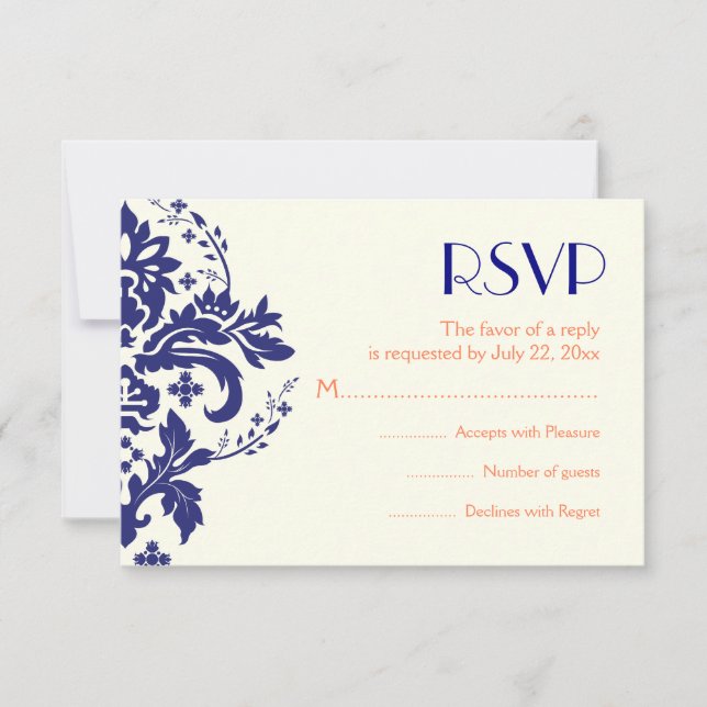 Damask navy blue, coral wedding RSVP reply card (Front)