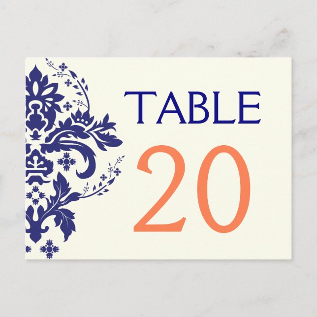 Damask navy blue, coral wedding table number postcard (Front)