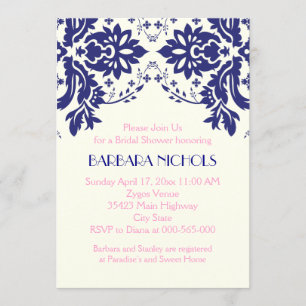 Damask navy blue, pink wedding bridal shower invitation