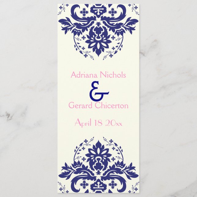 Damask navy blue, pink wedding ceremony program (Front)