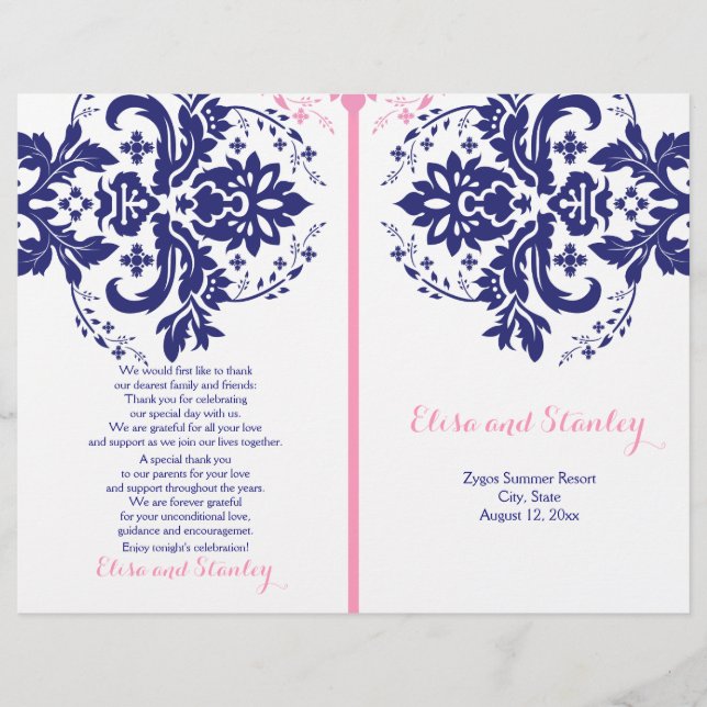 Damask navy blue, pink wedding program (Front)