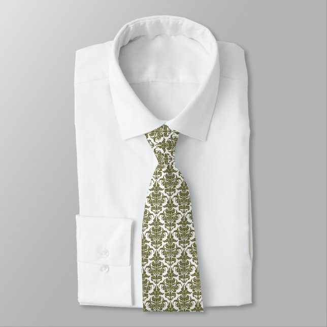 Damask - Olive Drab on White Tie (Tied)