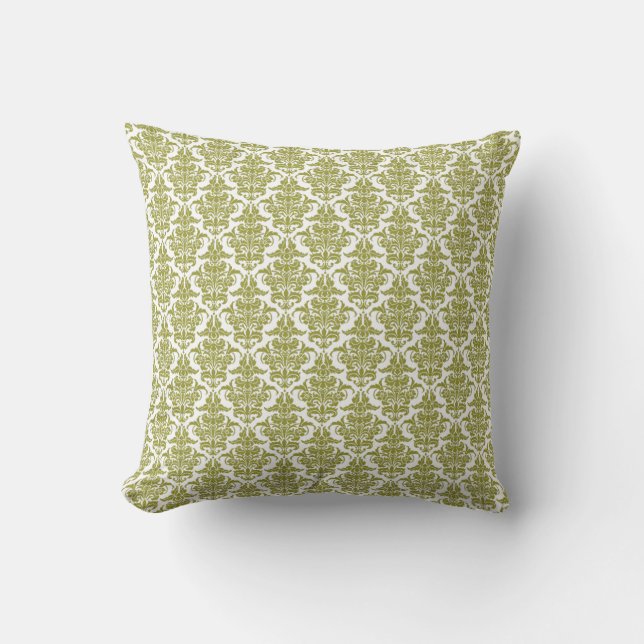 Damask - Olive Green on White Cushion (Front)
