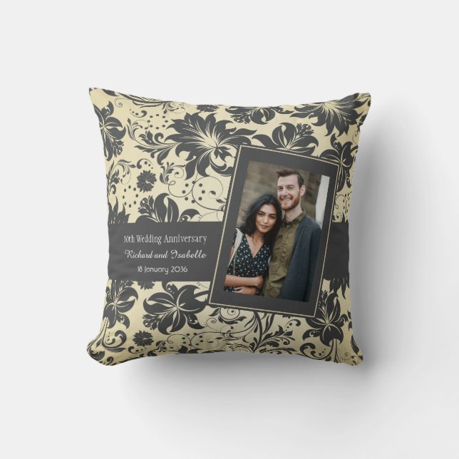 Damask on Cream Wedding Anniversary Name and Photo Cushion (Front)