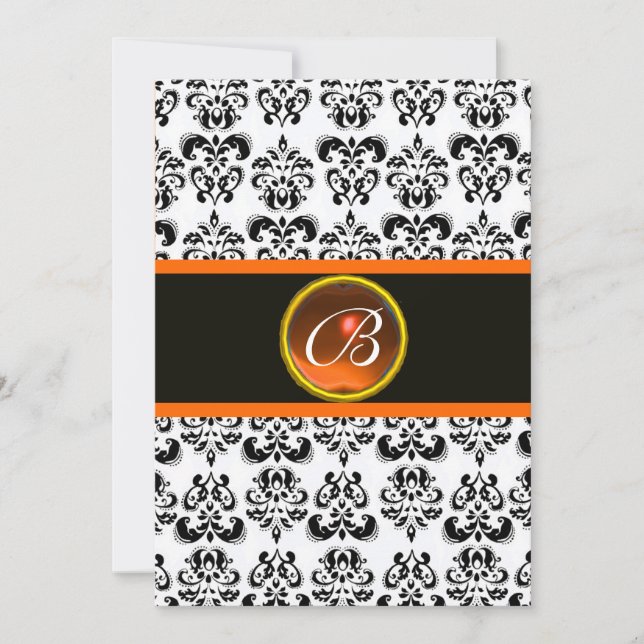 DAMASK ORANGE AGATE MONOGRAM,black and white Invitation (Front)