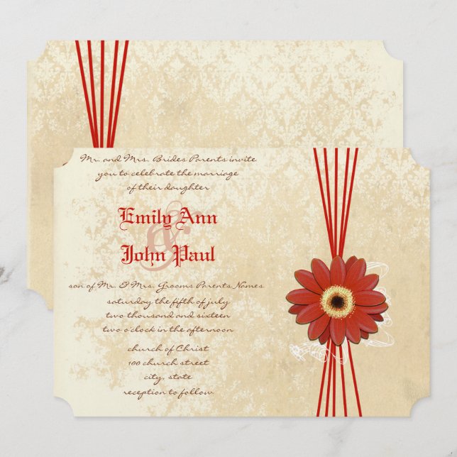 Damask Orange Gerber Daisy Wedding Invitation (Front/Back)