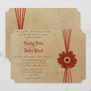 Damask Orange Gerber Daisy Wedding Invitation