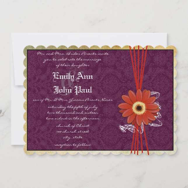 Damask Orange Purple Gerber Daisy Wedding Invite (Front)