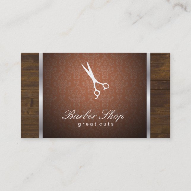 Damask Orange / Wood / Silver Trim Business Card (Front)
