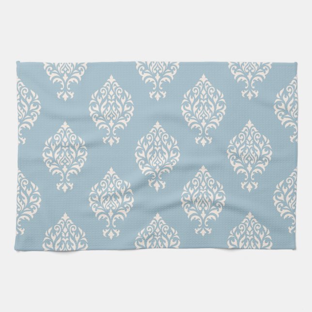 Damask Ornamental Pattern Cream on Blue Tea Towel (Horizontal)
