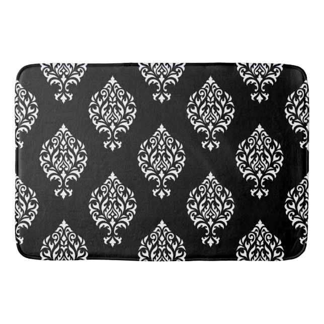 Damask Ornamental Pattern White on Black Bath Mat (Front)