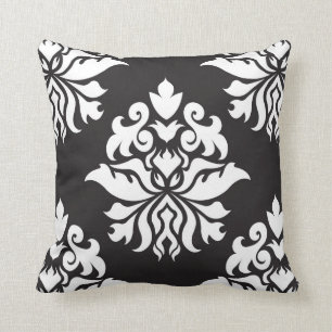 Damask Ornate Repeat Pattern - white on black Cushion