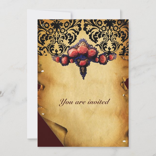 DAMASK PARCHMENT AND PINK CORAL ROSES INVITATION (Front)