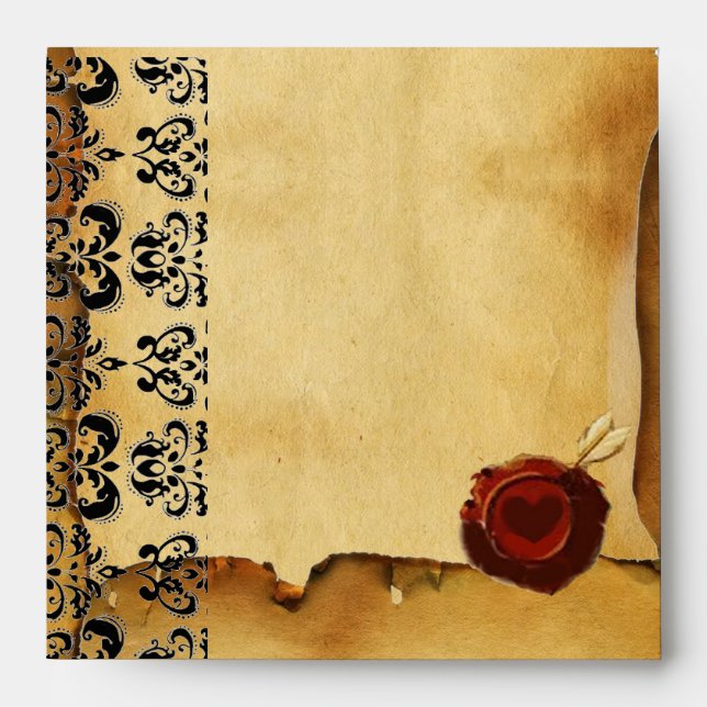 DAMASK PARCHMENT, ANGEL HEART RED WAX SEAL ENVELOPE (Front)