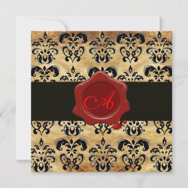 DAMASK PARCHMENT WAX SEAL MONOGRAM,black and brown Invitation (Front)