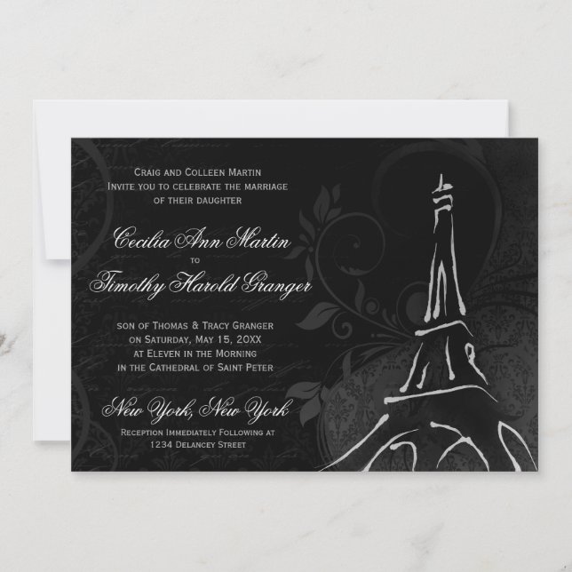 Damask Parisienne - Midnight Black Wedding Invitation (Front)